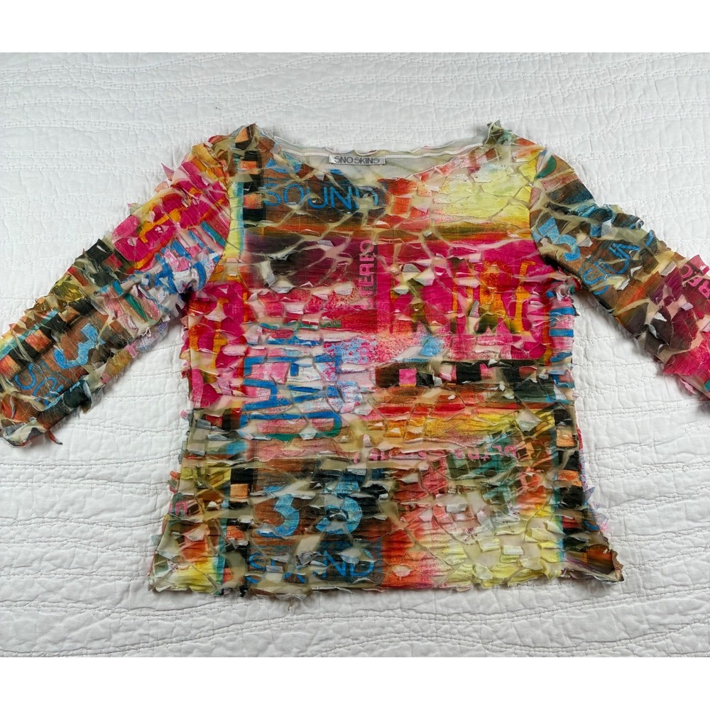 SnoSkins Artsy Abstract Mosaic Shredded Fringe Textured Top Blouse M Collage Y2K